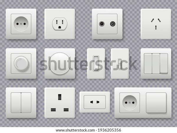 Wall switch. Power electrical socket\
different modern round switches realistic\
collection