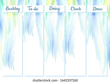Wall table A3 organizing work of the child at school, SCRUM with the inscription Backlog To Doing Check Done, on a watercolor background from green, blue, yellow streams of rain. Background - abstract