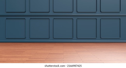 Wall Wainscot Blue Wood Decoration And Wooden Floor Background, Classic Beadboard Panel, Interior Room Architecture Design. 3d Render