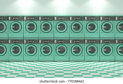 A Wall Of A Well Lit Clean Stack Of Turquoise Industrial Washing Machines In A Laundromat - 3D Render