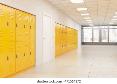 Wall With Yellow Lockers And White Door.  Fitness Gym. Concept Of School Interior Style. 3d Rendering