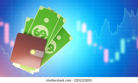 Wallet With American Dollars. Green Banknotes With Dollar Symbol. Wallet In Front Of Rising Charts. Concept Increase In Inflation. Rising Dollar Financial Graph. USD Bills In Wallet. 3d Rendering.