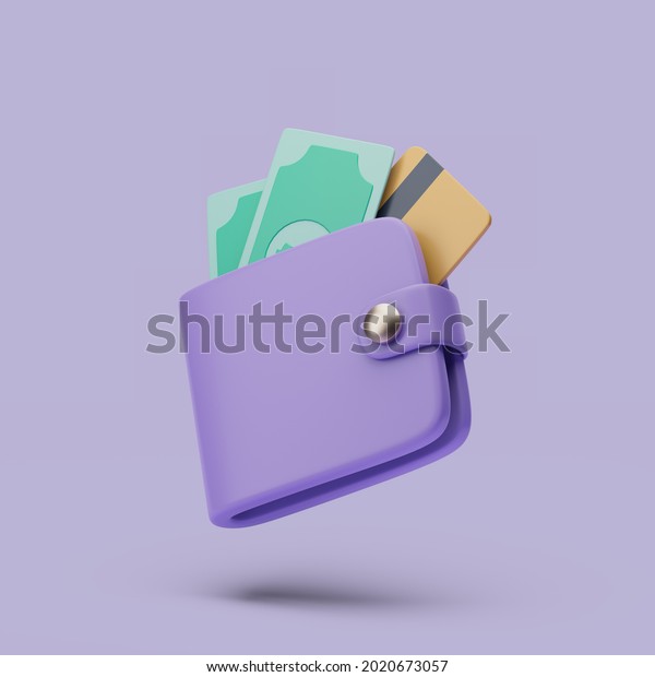 Wallet with cash and credit cart icon.\
3d simple render illustration on pastel\
background.