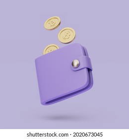 Wallet with coins icon. 3d simple render illustration on pastel background.