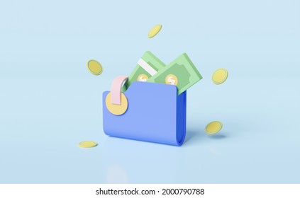 wallet with coins,banknote saving money concept isolated on blue background. 3d illustration or 3d render - Powered by Shutterstock