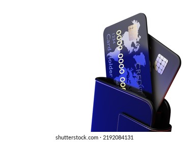 Wallet With Credit Cards. Bank Cards For Making Payments. Cashless Payment Concept. Money Wallet Isolated On White. International Credit Cards With World Map. Place For Inscription. 3d Rendering.