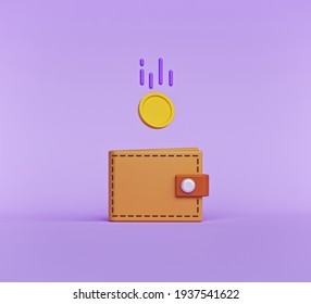 Wallet And Falling Coin. Saving Money Concept. Minimal Design. 3d Rendering
