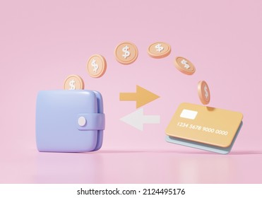 Wallet Money Transfer Into Credit Card Concept. Illustration Cartoon Minimal, Exchange, Copy Space, Banner, Cashback, 3d Rendering Illustration