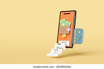 Wallet And Orange Mobile Phone, Smartphone With Coins, Dollar Banknote, Credit Card, Invoice, Paper Receipt, Electronic Bill Payment On Yellow.saving Money Concept, 3d Illustration, 3d Render