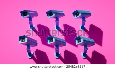 wall-mounted security cameras on a pink wall, focused left direction. Metaphor of total control. Video monitoring. 3d render