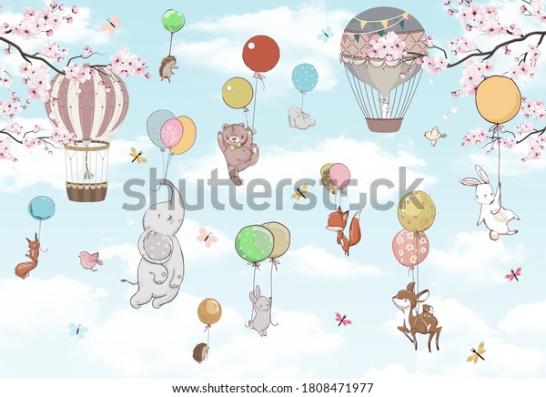 子ども用の壁紙 風船の上の空に動物 のイラスト素材