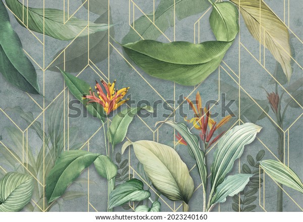 wallpaper design mural floral leaves watercolor