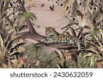 Wallpaper with a jaguar animal background pattern in a dry tropical forest with trees, plants, birds and butterflies on a pink background 