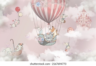 Wallpaper Mural Animals Kids Balloon