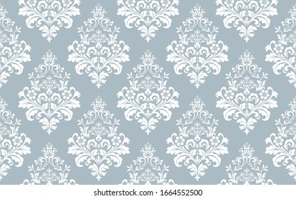 Wallpaper In The Style Of Baroque. Seamless Background. White And Blue Floral Ornament. Graphic Pattern For Fabric, Wallpaper, Packaging. Ornate Damask Flower Ornament