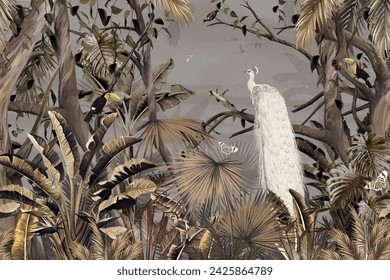 Wallpaper with a white peacock background pattern in a dry tropical forest with trees, plants, birds and butterflies on a gray background