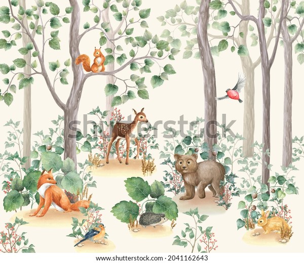Wallpaper\
Woodland stories watercolor\
illustration