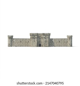 Walls of a medieval castle with entrance gate. Portcullis. 3d illustration on White Background.