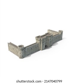Walls of a medieval castle with entrance gate. Portcullis. 3d illustration on White Background.