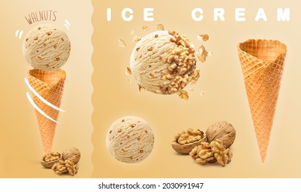 
Walnut ice cream. Scoops of walnuts ice cream with waffle cone and walnuts photography. 3D illustration for banners, landing pages and web pages with summer motifs - Powered by Shutterstock