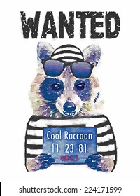 Wanted Vintage Western Poster/ T-shirt Graphics / watercolor illustration raccoon / cute animal character / Funny outlaw / cute graphics for kids / T-shirt printing graphics