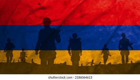 War Armenia Vs Azerbaijan, Shadow Of Soldiers In The Battlefield On Dirty Flag Armenia, Crises Between Armenia And Azerbaijan