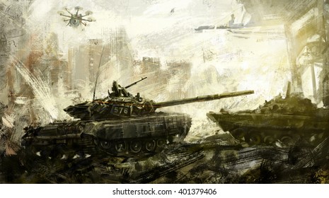War, battle tank. Digital art. The digital image is drawn in the digital editor, using the author's brushes.
