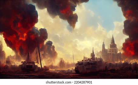 War In Battlefield In The City. Digital Art Illustration Painting 