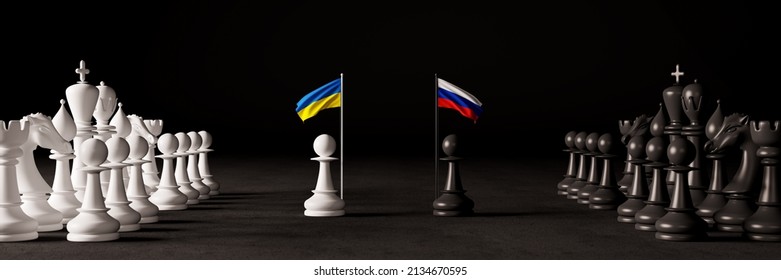 War escalation of the conflict in the Ukraine with Russia. Chess figures in war concept 3d render 3d illustration