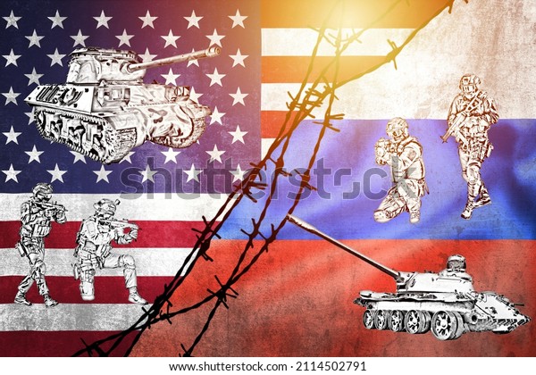 War games between Russia and USA\
on flags divided by barb wire illustration, pointing at each other,\
concept of tense relations between west and\
Russia