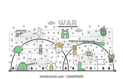 War Poster Banner Template. Military, Army Symbols Thin Line Art Flat Style Design Elements, Icons For Web Banners And Printed Materials.