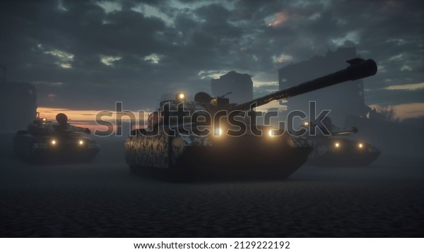 War in the ruined city. Military tank in the\
ruined city. 3d\
rendering.