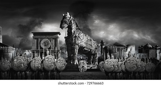 War Scene With Ancient City, Warriors And Wooden Horse. 3D Illustration.