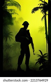 War Scene. Jungles Of South East Asia. Vietnam War Era. Original Illustration. Soldier Silhouette