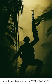 War Scene. Jungles Of South East Asia. Vietnam War Era. Original Illustration. Soldier Silhouette