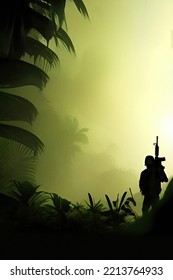 War Scene. Jungles Of South East Asia. Vietnam War Era. Original Illustration. Soldier Silhouette