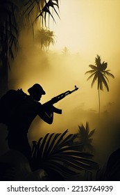 War Scene. Jungles Of South East Asia. Vietnam War Era. Original Illustration. Soldier Silhouette