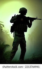 War Scene. Jungles Of South East Asia. Vietnam War Era. Original Illustration. Soldier Silhouette