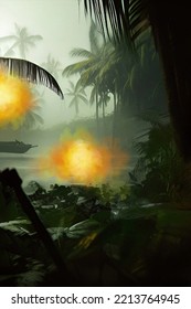 War Scene. Jungles Of South East Asia. Vietnam War Era. Original Illustration.