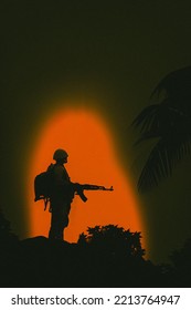 War Scene. Jungles Of South East Asia. Vietnam War Era. Original Illustration. Soldier Silhouette