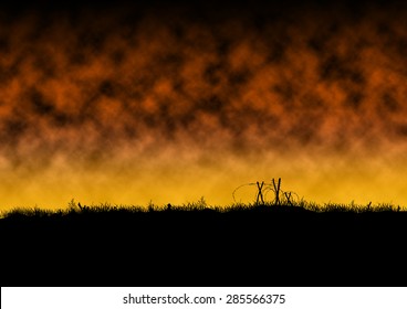 War Scene Silhouette With A Fiery Background Of Smoke And Clouds. Barded Wire Is On The Battlefield. 