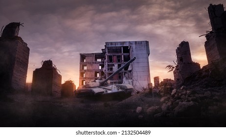 War scene with a tank in the middle of ruins. 3d render , 3d illustration concept