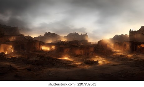 A War Torn Village With Burning Houses After Severe Artillery Strikes . Cloudy Day,  Destroyed Buildings