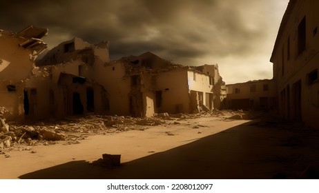 War Torn Village With Destroyed And Damaged Buildings. Dramatic Lighting, Dark Clouds