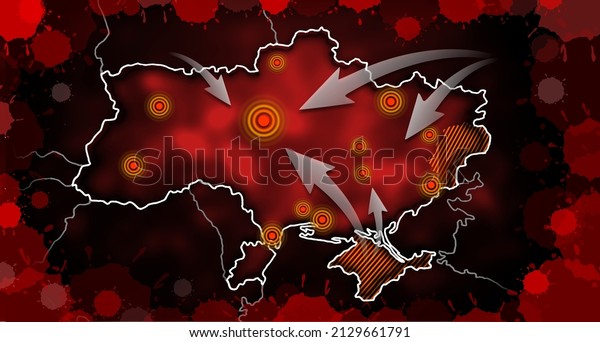 War\
in Ukraine, Russian invasion of Ukraine. Infographic, illustration\
of bloodstains, arrows, red background, targets, Ukrainian map as\
symbol of political conflict and military\
aggression