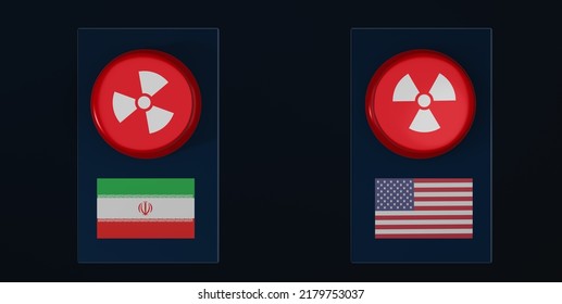 War USA And Iran, War Of Atomic Weapons Between Iran And USA, Flag USA Vs Flag Iran And Weapons  Button, 3D Work And 3D Image