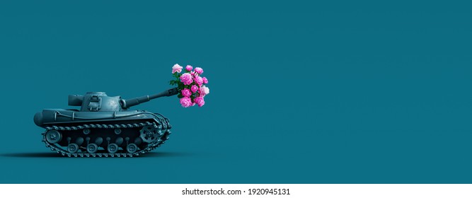 War vehicle using flowers as a weapon. Peace concept background 3D Rendering, 3D Illustration