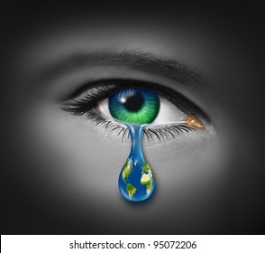 War And Violence As A Tear Of A Child And A Planet Earth As A Reflection In The Drop For Pain And World Conflict On Victims Of Crime Or Sadness On The State Of The Natural Environment And Pollution.