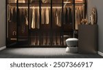 Woman’s wardrobe with amber glass door, dressing table, stool in gray wall bedroom with black carpet floor for interior design decoration, product background 3D
