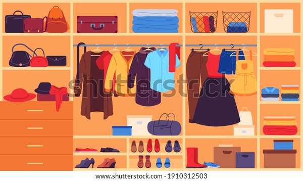 Wardrobe.\
Inner space closet, shelves and hangers with clothes, shoes and\
accessories, organization and storage clothing flat  set. Wardrobe\
female clothes, clothing storage\
illustration